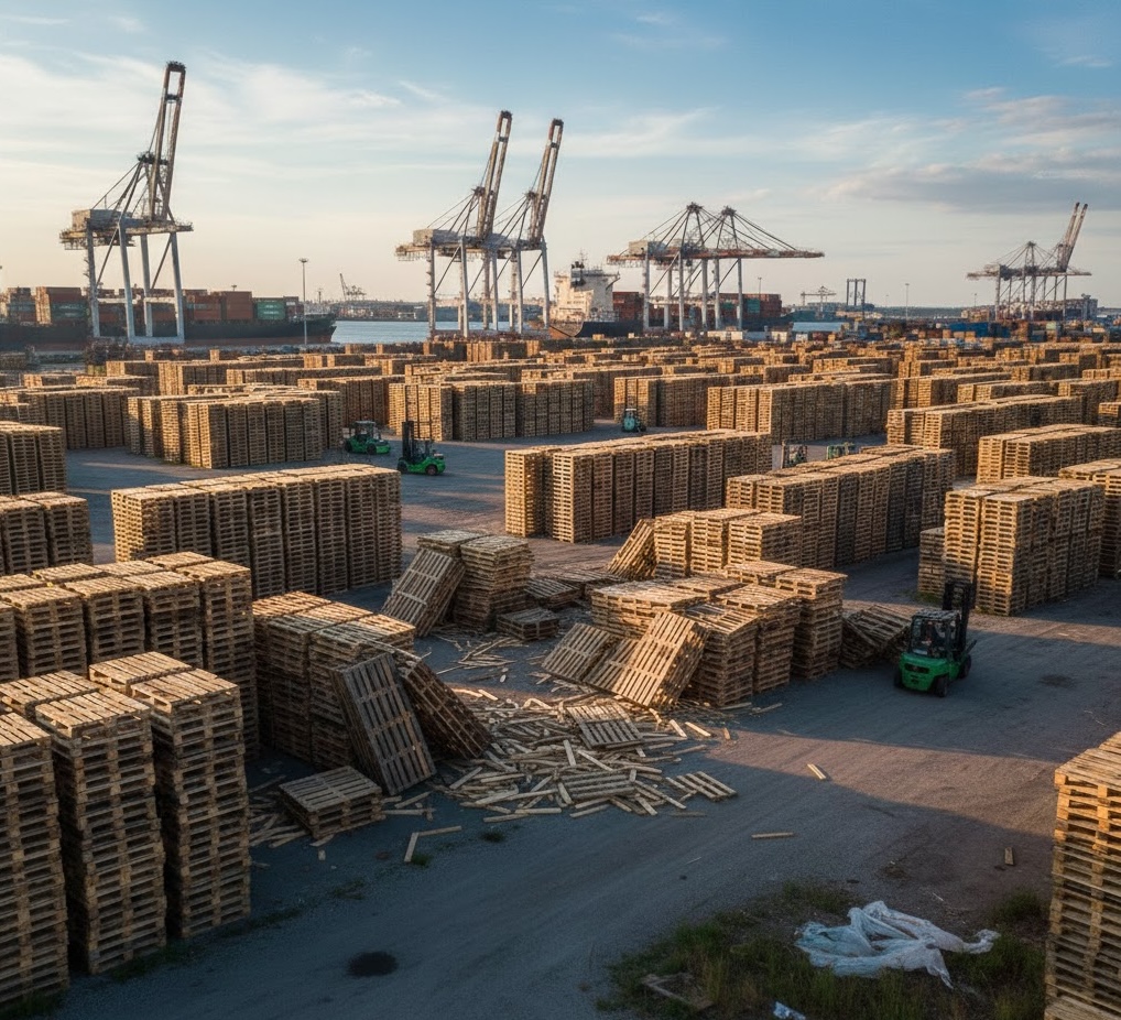 Large pallet yard with forklifts at port facility