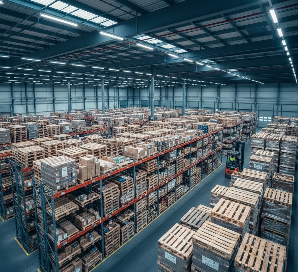 Large warehouse with organized pallet storage
